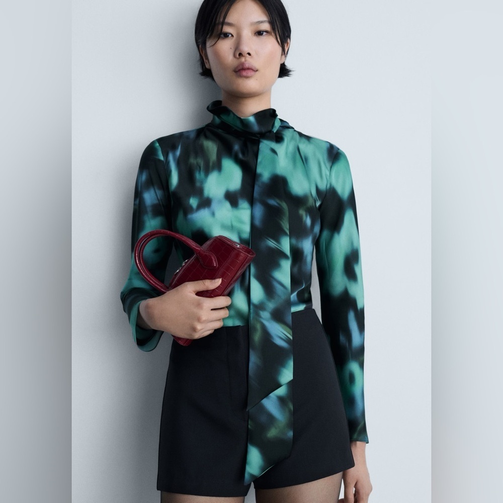 Mango Green and Black printed blouse with bow NWT